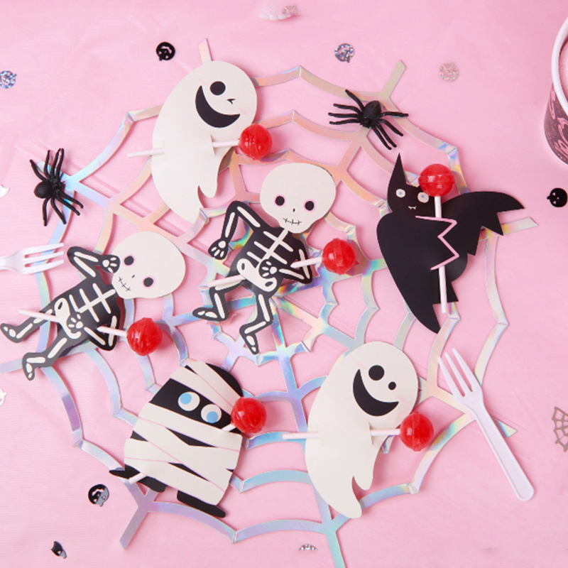 抖音创意棒棒糖插卡万圣节骷髅幽灵造型可爱糖果装饰卡片 6个/张