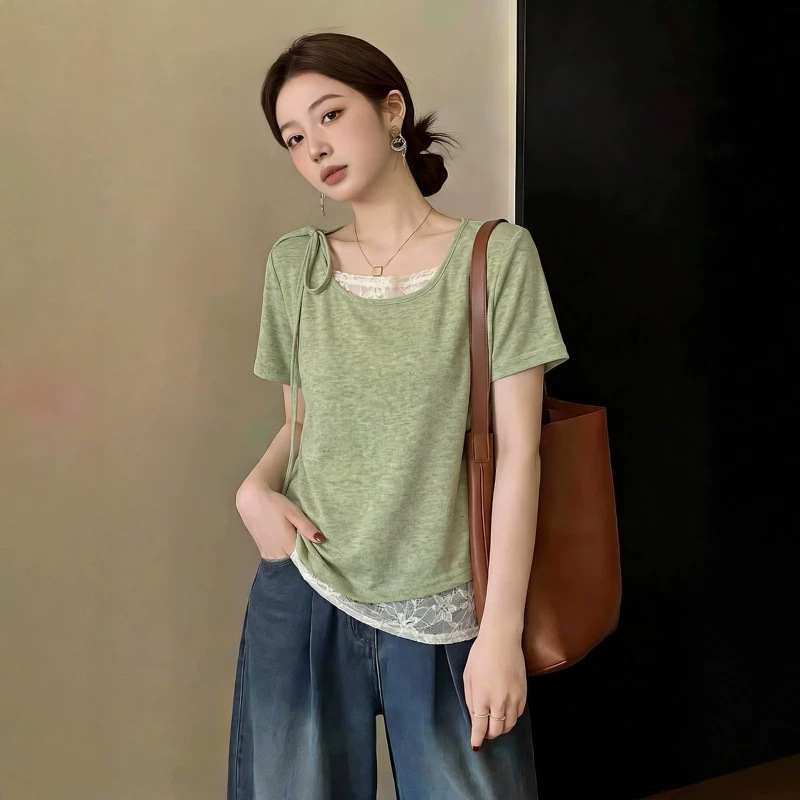 Designed with a Sense of Style, Lace Splicing, Faux Two-Piece Short-Sleeve T-Shirt for Women, Summer Elegant French Style Slimming Short-Sleeve Top 11612
