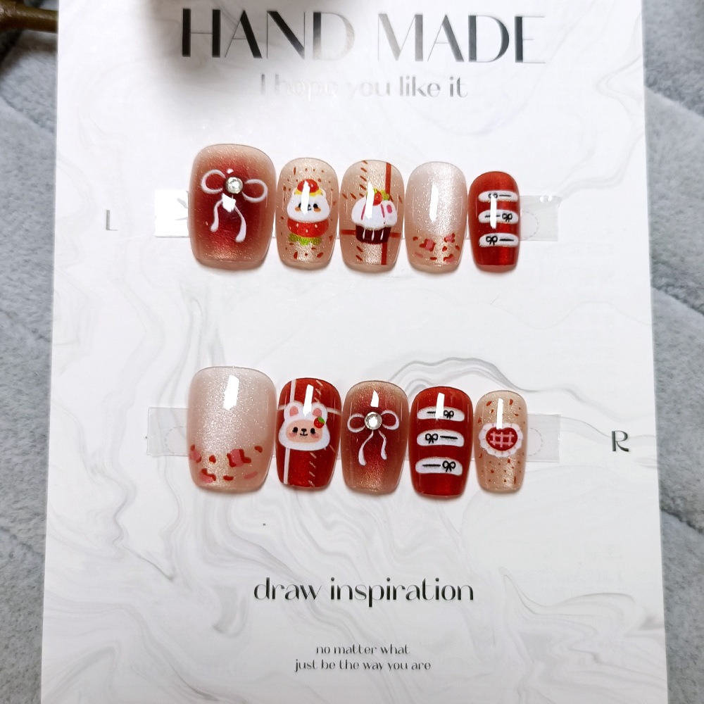 Manicura de Año Nuevo, 10 piezas de diamantes de perlas hechos a mano, arte de uñas portátil, parche de uñas Xiaohongshu, venta al por mayor