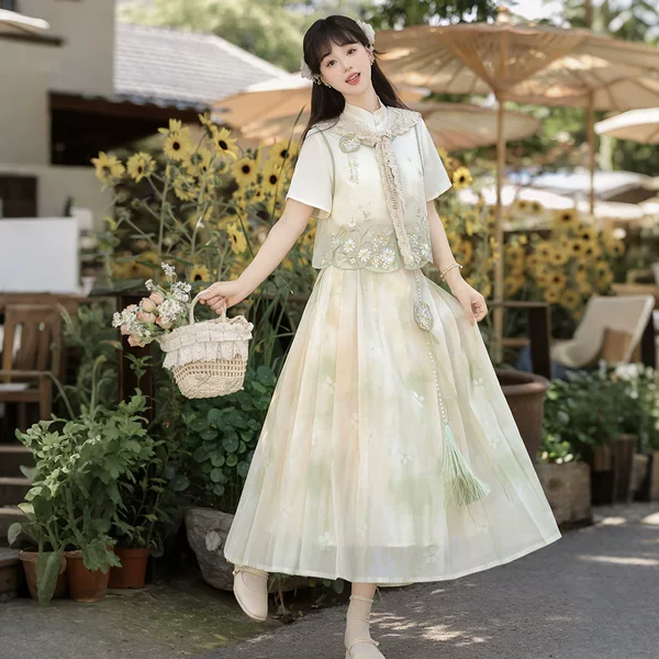 2026 Yimengge Original Floral and Wildflower Design with Chinese Elements 2026 Collar Accessory Vest Shirt Skirt Set 9593