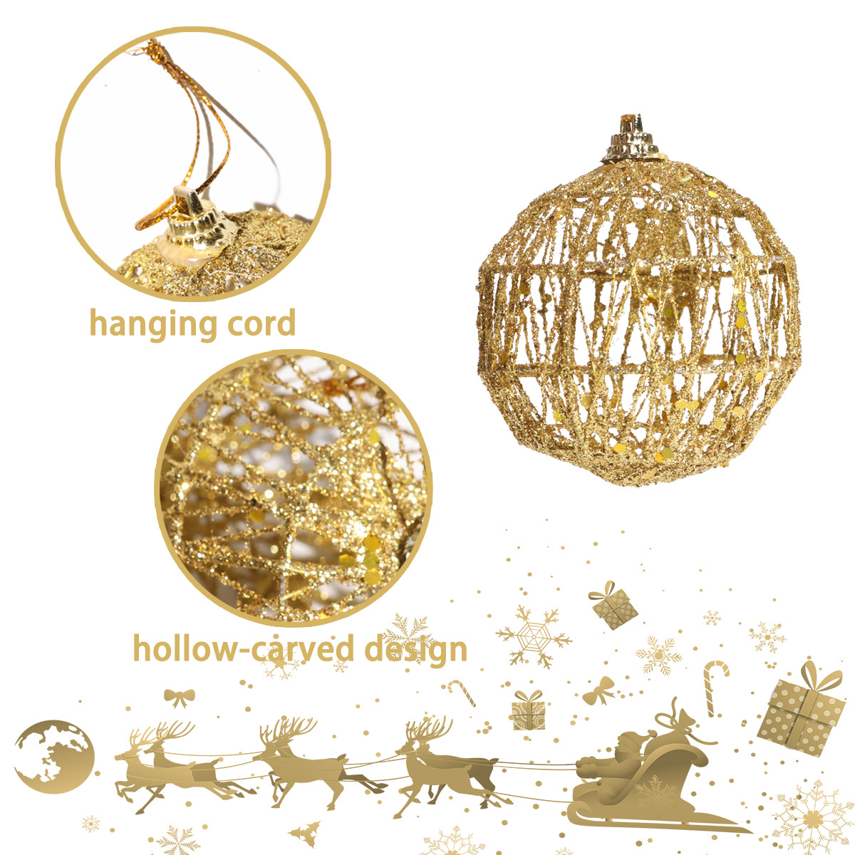 Nuevo polvo flash de hierro dorado de Navidad transfronterizo, bola de Navidad hueca, escena de la fiesta del árbol de navidad, bola de Navidad colgada image 4