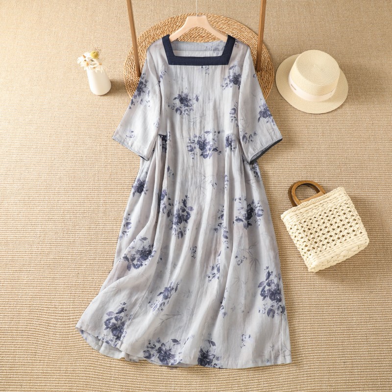 Artistic Chinese-style dress with printed square collar, Hanfu one-piece dress, vintage loose-fitting cheongsam long gown