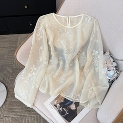 ファッション気質2025新中国風重工珠片刺繍欧根紗七分袖夏新商品宋錦小シャツ