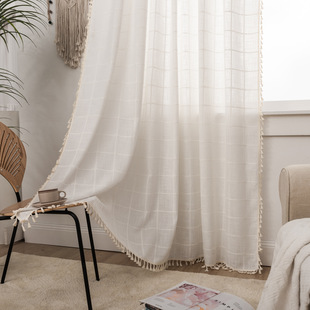 Curtain Finished Products US Cross-border Exclusive for Amazon INS Cotton and Linen Plaid Milk White Tassel Bay Window Curtain Factory