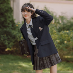 学院风日系校服JK套装女蓝色衬衫西装外套格纹短裙三件套配领结