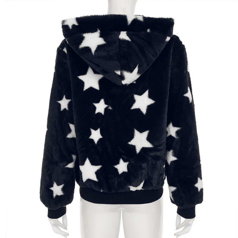 Five Pointed Star Hooded Loose Plush Warm Coat Millennium Sexy Street Contrast Color Niche Zipper Sweatshirt
