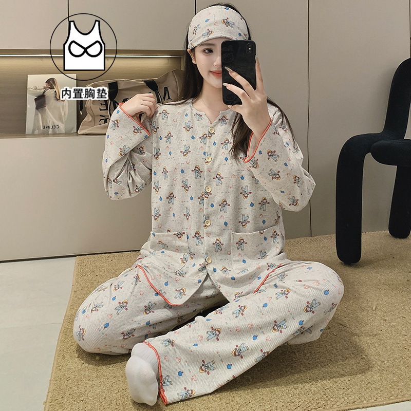 Xiyue Wholesale Summer 7A Antibacterial Pure Cotton Maternity Pajamas with Chest Pads for Postpartum Mothers, Includes Hairband