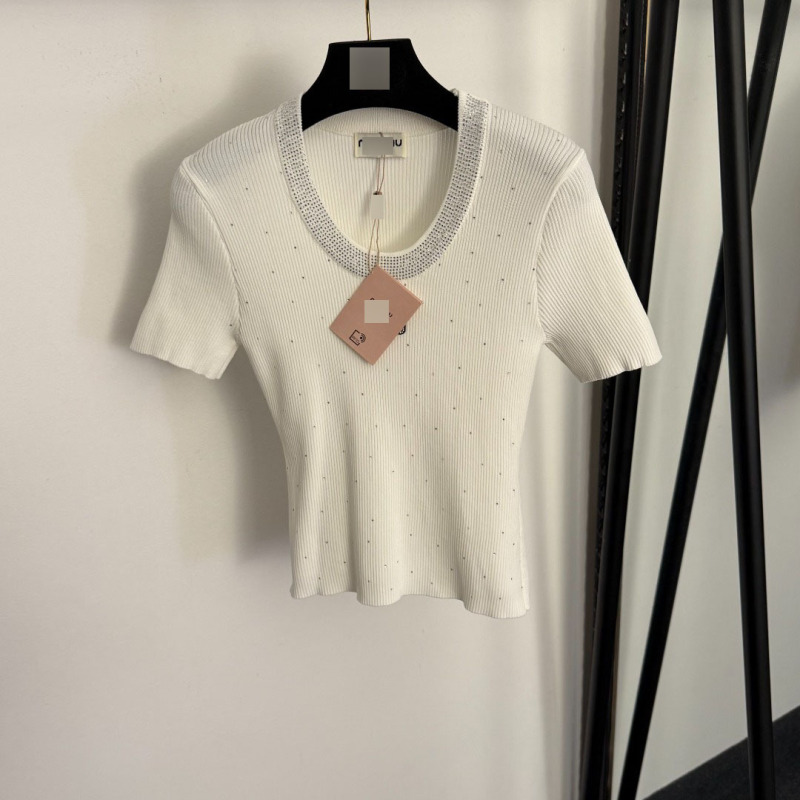 Nanyou High-End Foreign Trade Stylish Slim-Fit New Model Star Rhinestone Logo Embroidered Slim-Fit Short-Sleeve Knit Top Nanyou High-End Foreign Trade Stylish Slim-Fit New Model Star Rhinestone Logo Embroidered Slim-Fit Short-Sleeve Knit Top