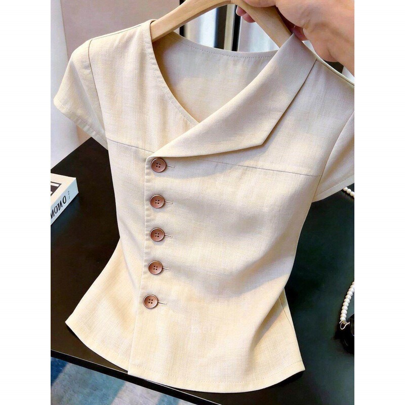 Summer New Style Light Mature Style Short-Sleeved Tops and Shirts for Women in Apricot Color with Irregular Buttons, Slimming Waist, and a High-End Look Summer New Style Light Mature Style Short-Sleeved Tops and Shirts for Women in Apricot Color with Irregular Buttons, Slimming Waist, and a High-End Look