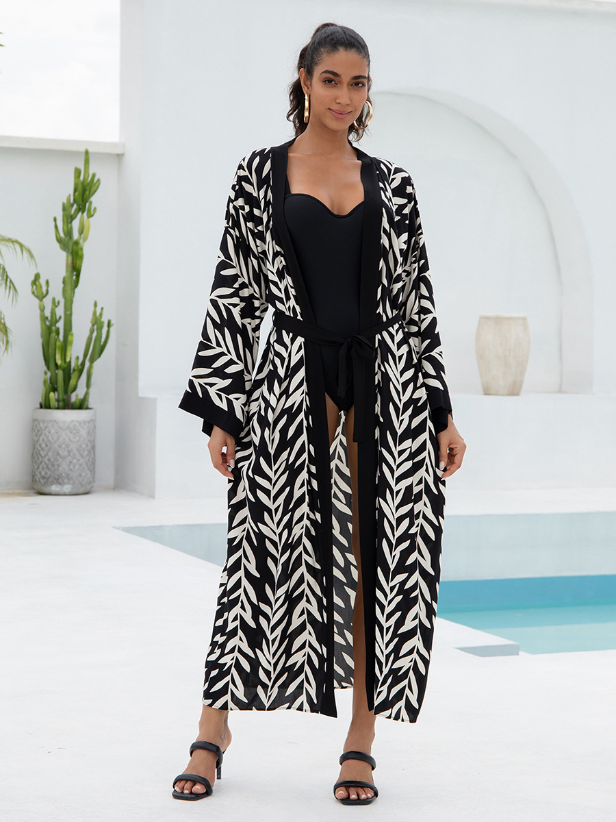 Women's Flowy Cover Up Kimono Beach Dress With Exotic Prints Lightweight Linen Feel Fabric For Pool, Vacation, Boho Outfit_ecoleips.com
