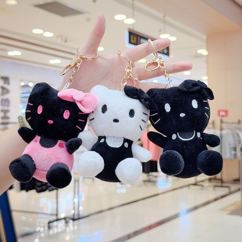 Hello Kitty Pendant Plush Doll Girls Bag Pendant Black Leather Kt Cat Keychain Accessories Doll Machine