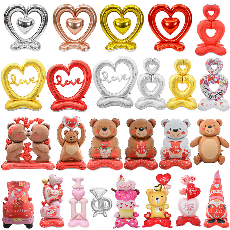 Globo 4D para San Valentín con base, diseño de corazón y oso animado, grande, para decoración temática en forma de columna