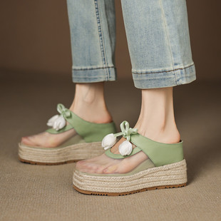 Straw Thick-Soled Height-Increasing Breathable Mesh Toe-Cap Slippers, Fashionable and Versatile Camellia Bow Lace-Up Square-Toe Slippers