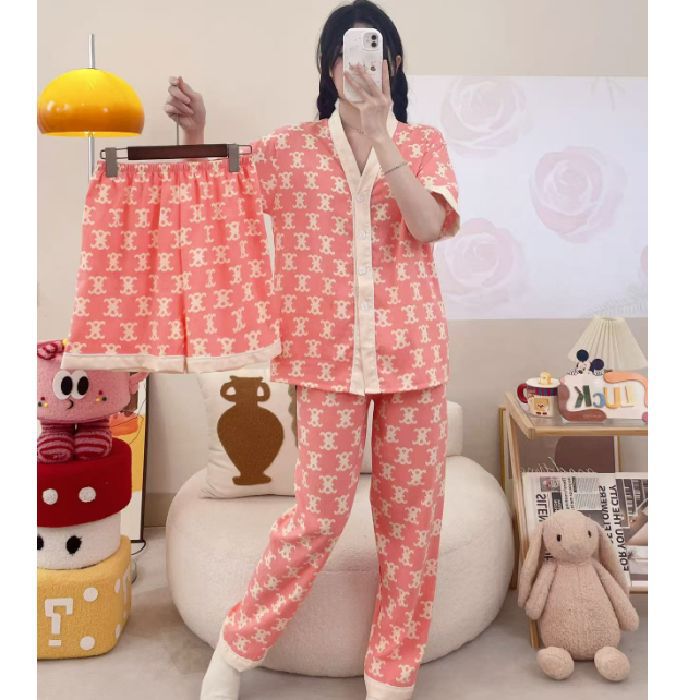 Pijamas de algodón de nube de amor dulce a cuadros de dopamina para mujer verano nuevo estilo pantalones de manga corta ropa a domicilio traje de tres piezas