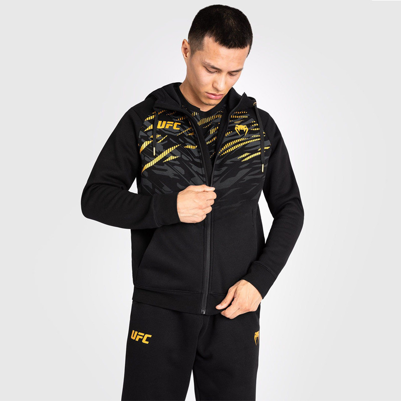 Men's Black and Gold Camouflage VENUMUFC Co-branded Zipper Hoodie for Combat Training, Fitness, and Fighting