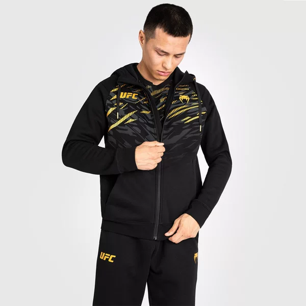 Men's Black and Gold Camouflage VENUMUFC Co-branded Zipper Hoodie for Combat Training, Fitness, and Fighting