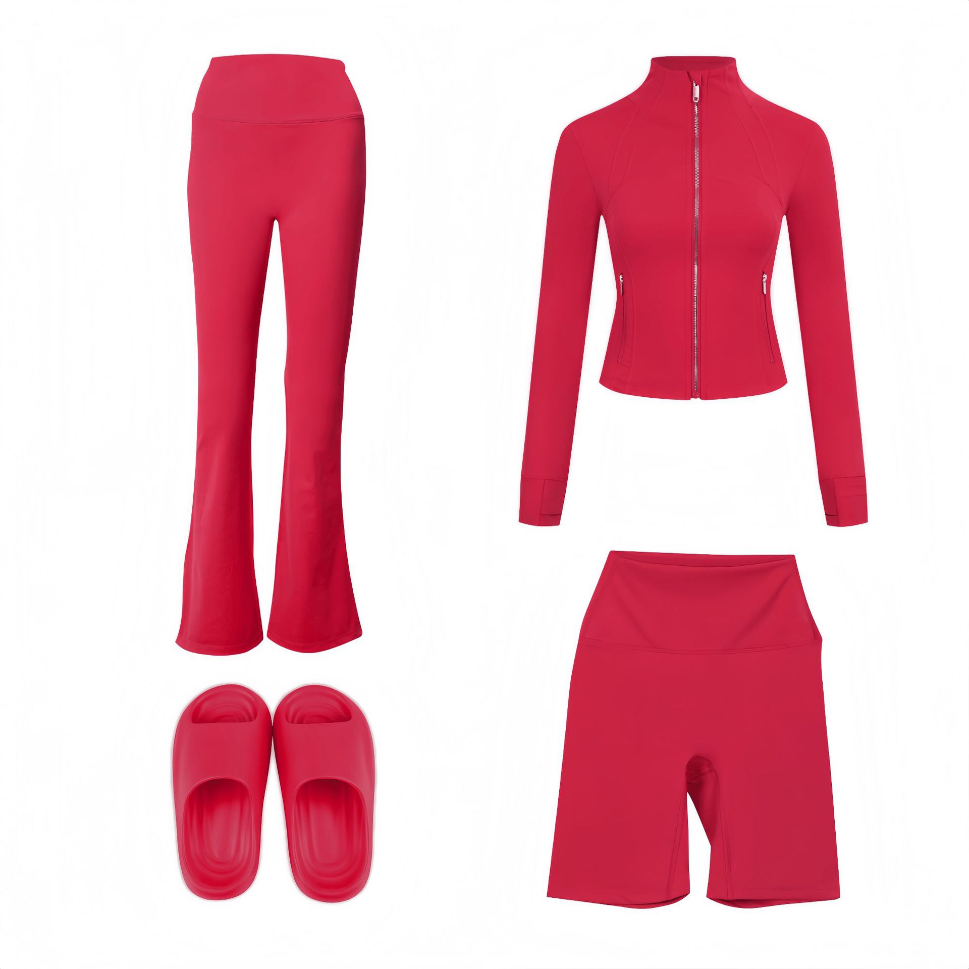 Women's 4-Piece Activewear Set – Cropped Jacket, Flared Pants, Bermuda Shorts & Slides (S-3xl, 26 Colors)_voghion.com