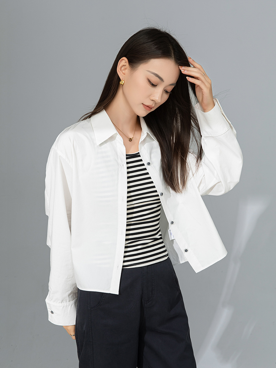 Áo sơ mi polo dài tay nữ kiểu Pháp chất cotton thụng, dáng ngắn mặc ngoài cardigan — Xanh nước muối
