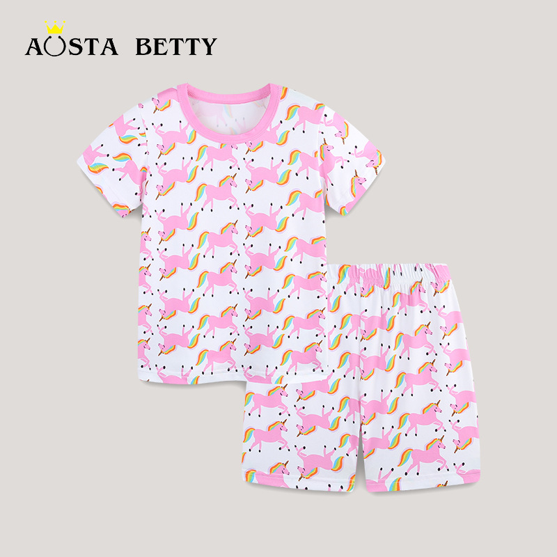 Traje de dos piezas de servicio a domicilio de manga corta para niñas de estilo europeo y americano 25 verano nuevo traje infantil estampado de unicornio lote mixto