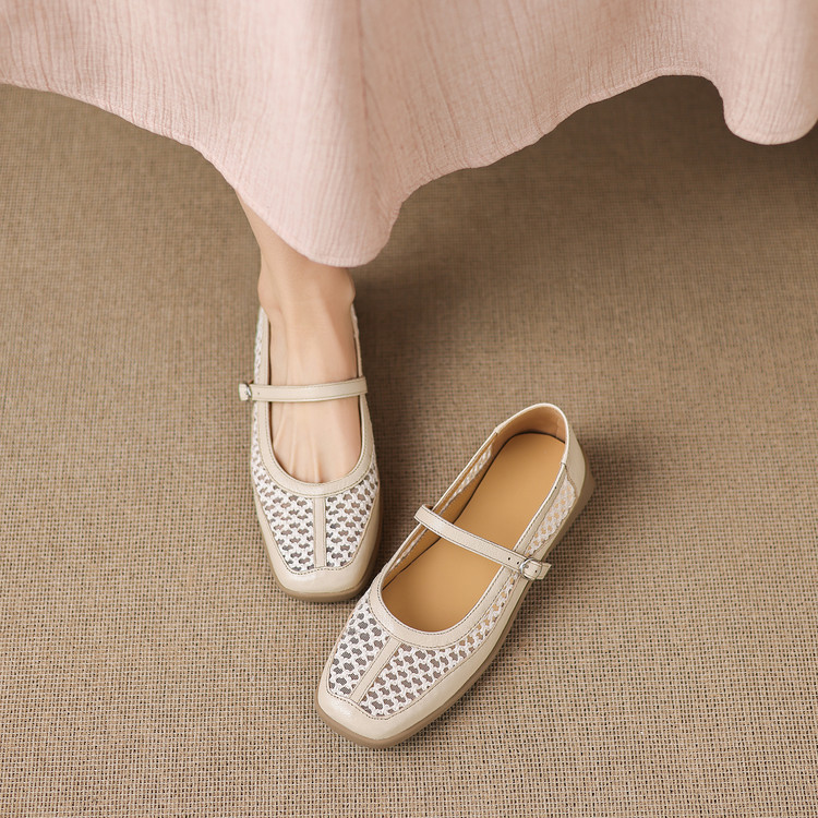 Giày ballet nữ da thật lỗ rỗng phong cách DeTrain phối lưới mùa xuân hè — màu đen, màu trắng ngà chi tiết 69