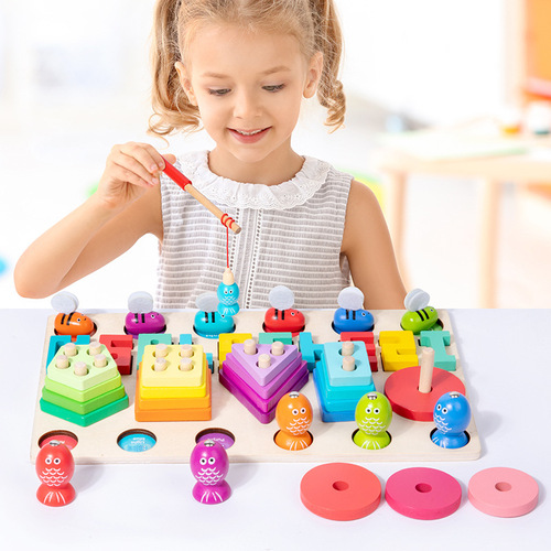 New two-in-one shape fishing set column for young children, baby color cognition and fun enlightenment early education educational toys