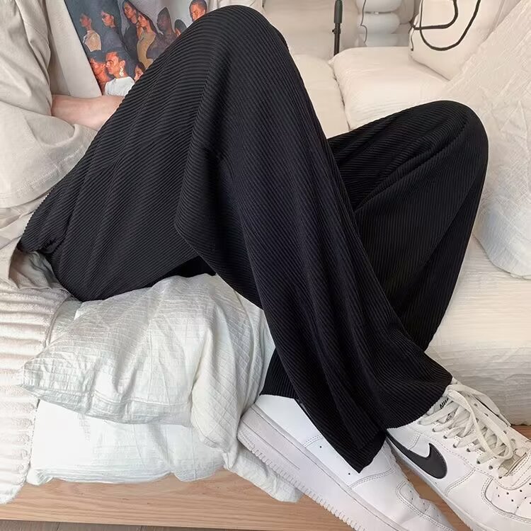 Autumn Pleated Sweatpants Men's Korean Style Trendy Quick-Drying Ice Silk Pants Hong Kong Style Loose Straight Drape Wide-Leg Casual Pants
