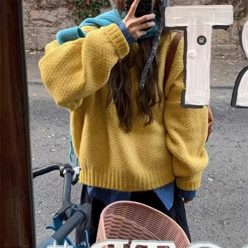 慵懒风黄色菠萝纹宽松毛衣秋冬2025新款高级感软糯套头百搭针织衫