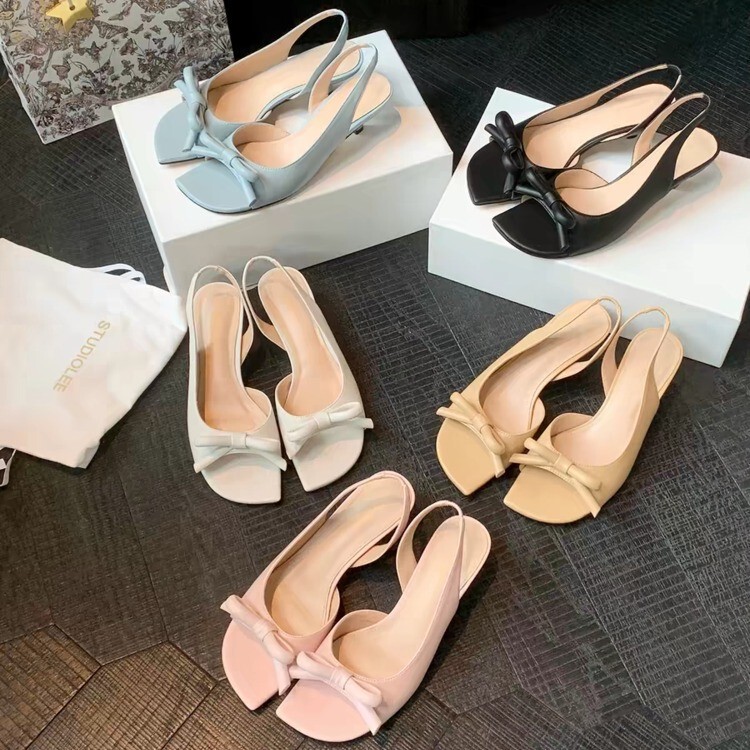 Heel Height 5.5cm~ French-Style Square-Toe Bow-Knot Open-Back Open-Toe High-Heeled Sandals for Women, Suitable for Outdoor Wear in Summer, Casual Slippers
