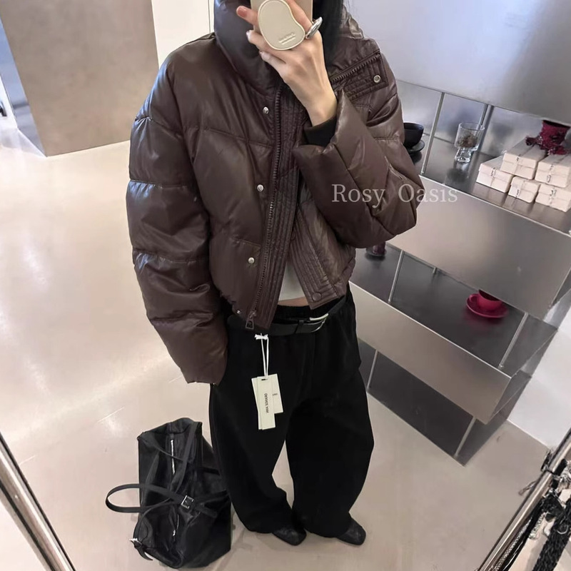 Fashion Trendy Brand Pu Soft Leather Waterproof National Standard White Duck down Short Stand Collar down Jacket for Women Fashion Trendy Brand Pu Soft Leather Waterproof National Standard White Duck down Short Stand Collar down Jacket for Women
