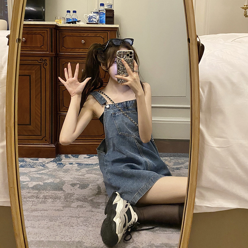 デニムサスペンダースカート女性の春学生プチドレス 2025 新しいかわいい大きいサイズファット mm サスペンダースカート|undefined