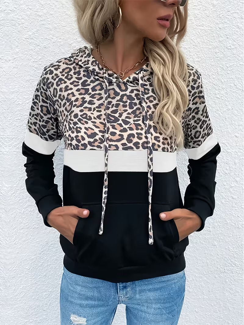 Leopard Print Long Sleeve Hooded Sweatshirt Autumn Winter New Women's Clothing_ecoleips.com