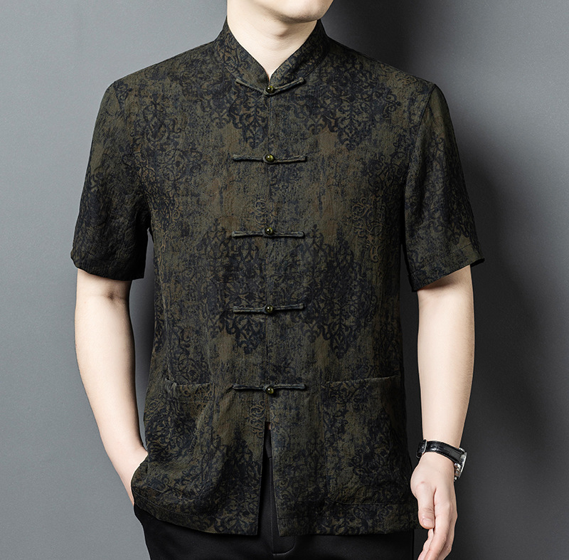 Áo sơ mi nam tay ngắn cổ đứng kiểu Trung Hoa lụa tơ tằm Mulberry Silk — Quân đội xanh 625179