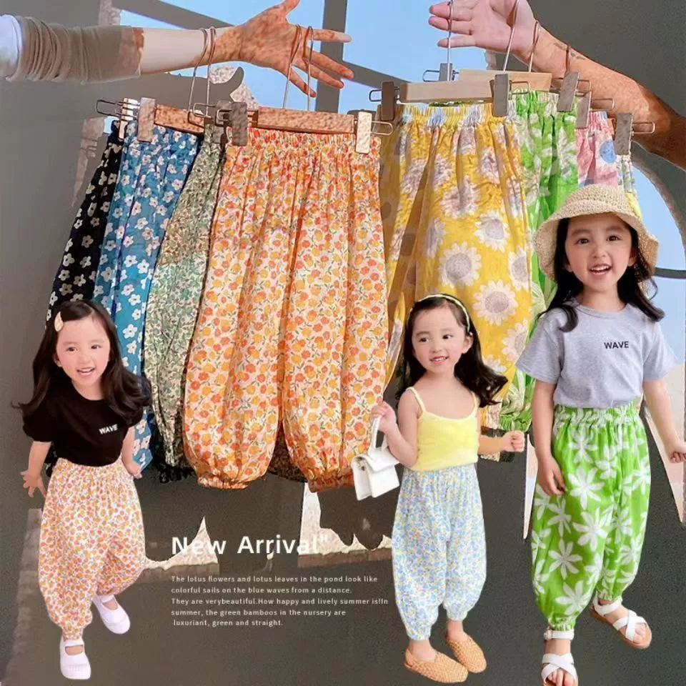 Летние корейские Детские Модные Антимоскитные брюки с принтом, повседневные тканые брюки до щиколотки для маленьких девочек, пляжные брюки, солнцезащитные брюки