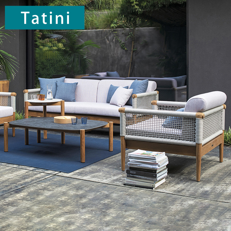 Sofá de ratán para exteriores, para balcón, sala de estar, terraza, impermeable, con protección solar, silla de descanso para jardín, patio, conjunto combinado de teca anticorrosión