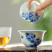 景德镇老匠人手绘玉兰花盖碗茶杯白瓷带盖泡茶杯防烫敬茶碗高级感