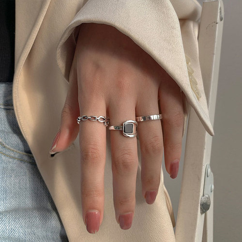 s925 Pure Silver Black Agate Geometric Square Ring, Light Luxury Women's Niche Design Fashion Exquisite Personality Simple