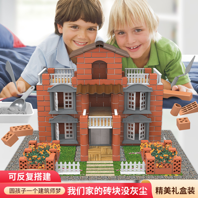 Mini little bricklayer diy children building house toy house building handmade model brick wall toy