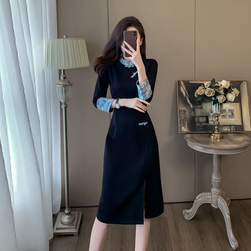 新中式国风复古连衣裙女秋冬显瘦气质感开叉加绒打底卫衣裙子|undefined
