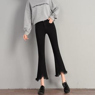 2024 Summer Thin Black Tassel Fringe Micro-Lar Jeans Women's Chic Slim-fit Cropped Pants Micro-flared Pants