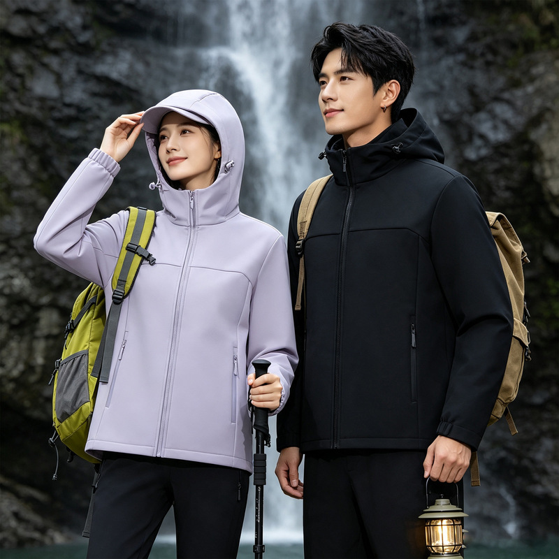 Outdoor windproof and waterproof fleece-lined softshell jacket, trendy versatile casual hooded jacket, single-layer hiking coat Outdoor windproof and waterproof fleece-lined softshell jacket, trendy versatile casual hooded jacket, single-layer hiking coat