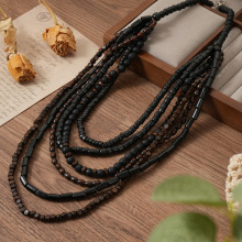 亚马逊跨境欧美新款男士项链黑色火山石木珠制作多层diy饰品配件