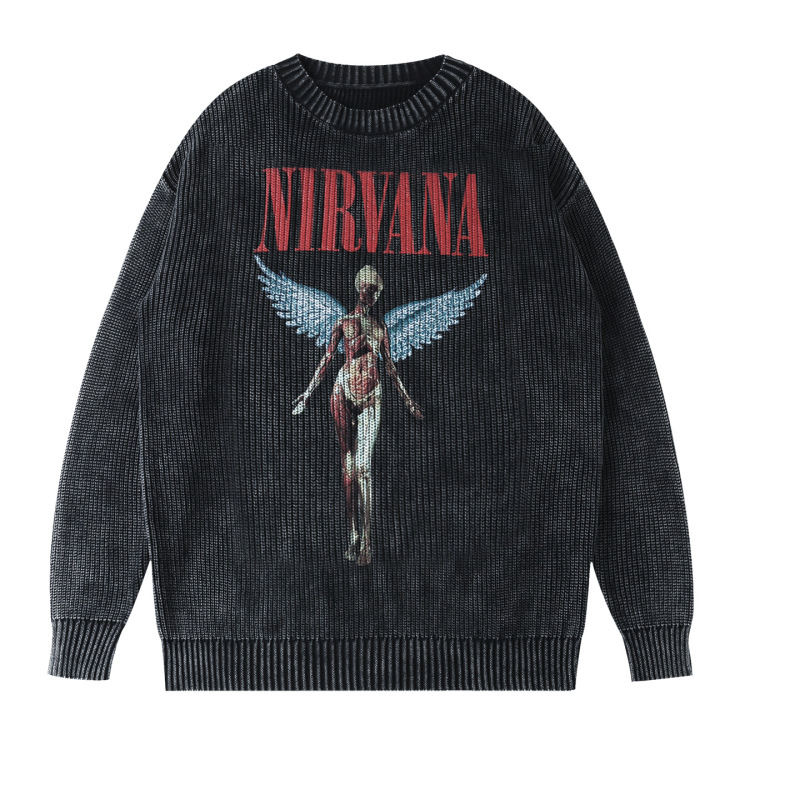 2025 New Nirvana Band Rock American High Street Knitwear Washed Distressed Round Neck Knitwear for Men
