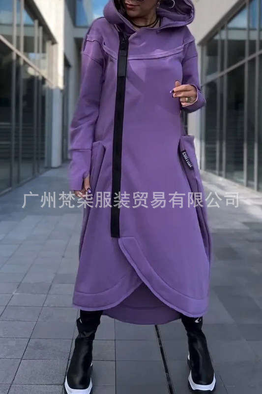 2025秋冬欧美跨境亚马逊百搭纯色长袖卫衣连帽拉链休闲长款连衣裙|undefined