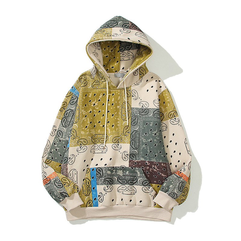 Abbigliamento maschile Giacca in puro cotone con motivo a fiori di anacardi e totem etnico, con cappuccio largo e tendenza_voghion.com