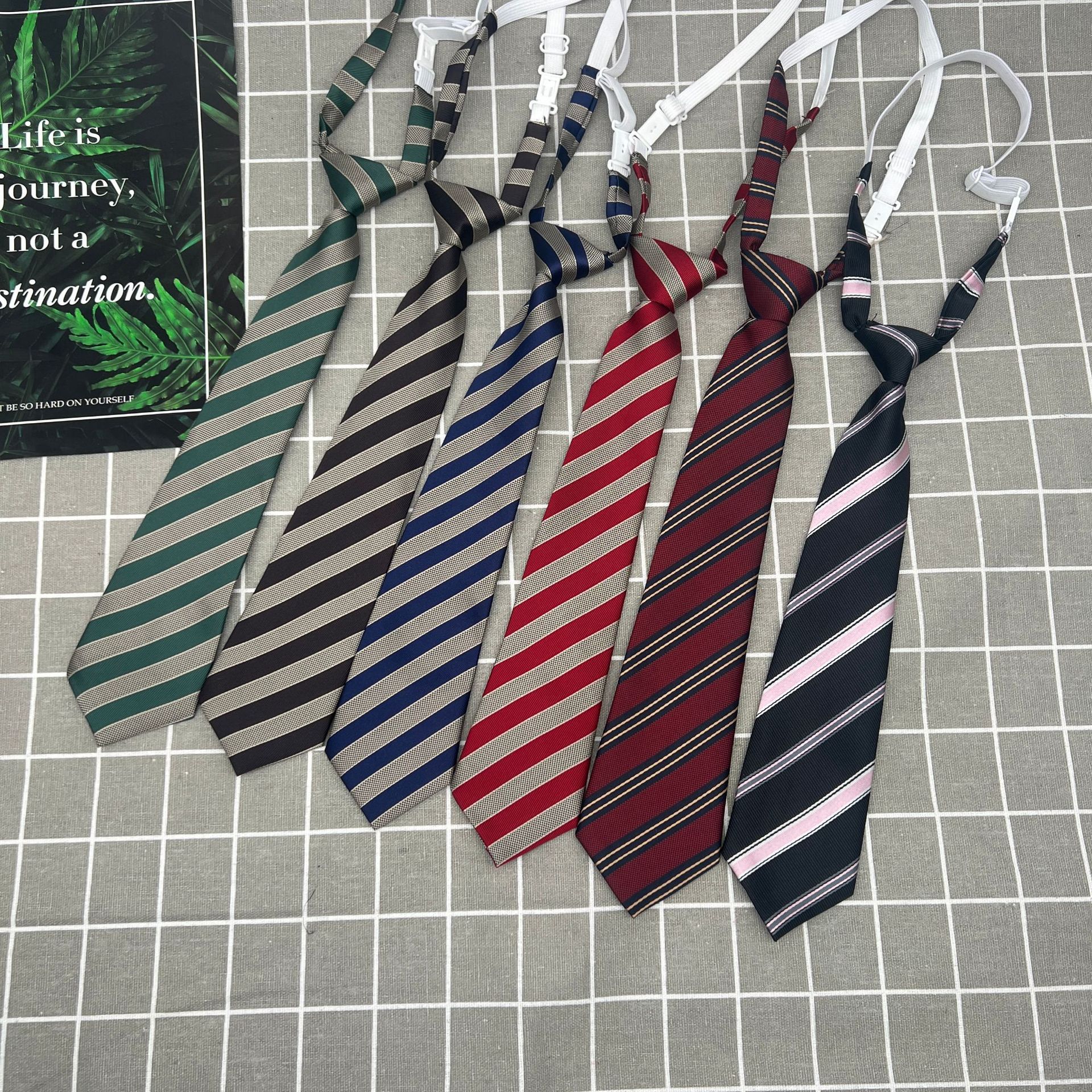 Red, Indigo, Gold, and Brown Striped Lazy Man's Day-Style Graduation Tie for Female Graduation Photos, Male Graduate Gown Tie