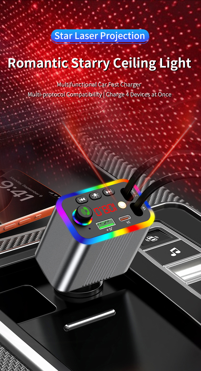 R4R6 Car Bluetooth MP3 Player comes with a retractable cable and supports fast charging for mobile phones, 2026 new model, foreign trade supply