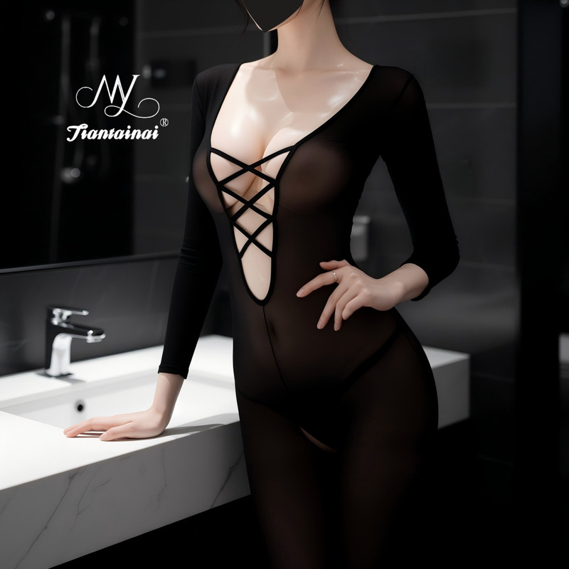 Sexy lingerie with cross-over chest design, alluring sheer plus-size bodysuit with open crotch, easy to remove, for female flirtation and sexual fun Sexy lingerie with cross-over chest design, alluring sheer plus-size bodysuit with open crotch, easy to remove, for female flirtation and sexual fun