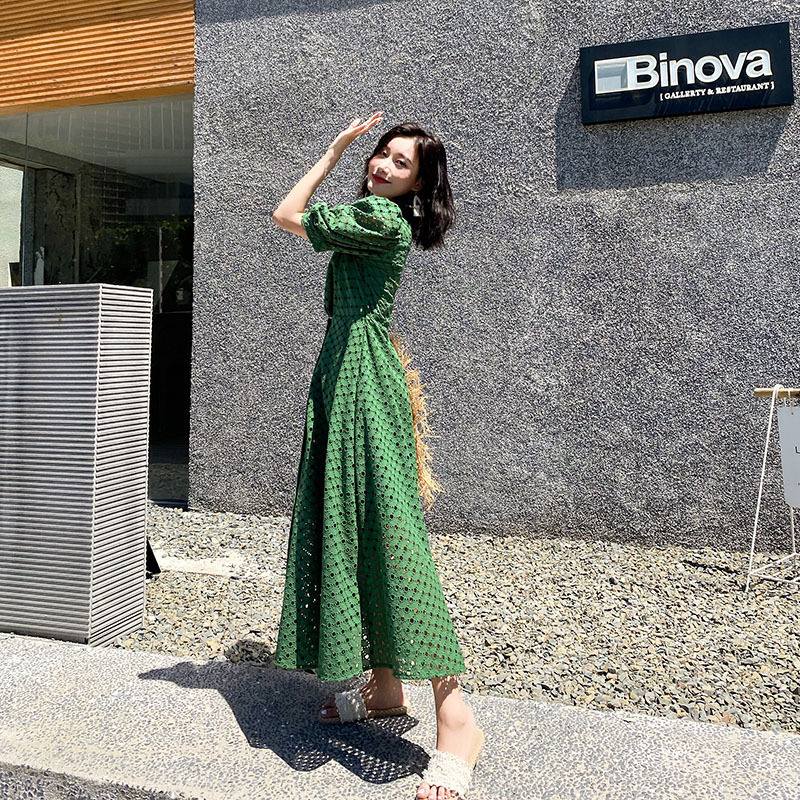 Travel Outfits 2025 Summer New V-Neck Slim Fit Hollow Embroidered Dress for Women High Waist Slimming F643