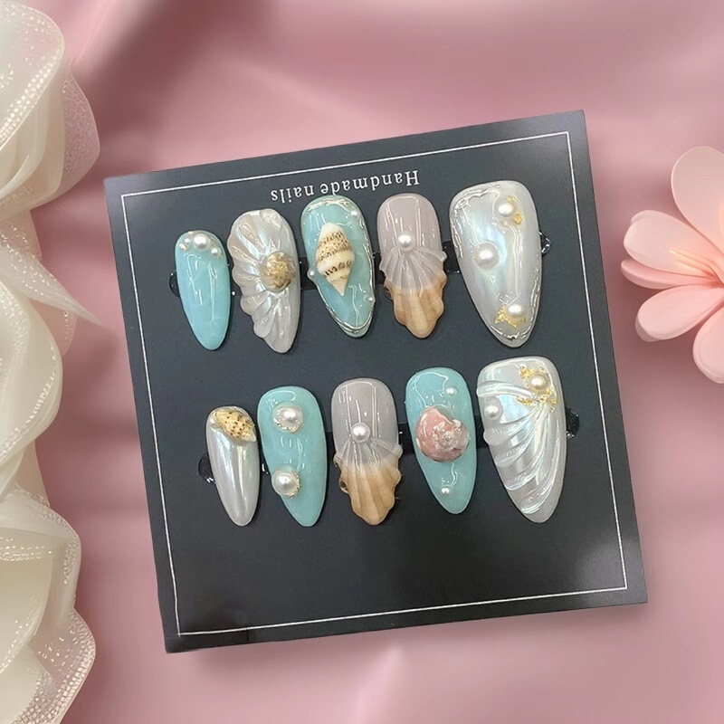 Sunset Shell Nail Art Purely Handmade Wearable Nail Pieces High-End Feel Summer European and American Cross-Border Handmade Pure Summer Hand-Painted Nails