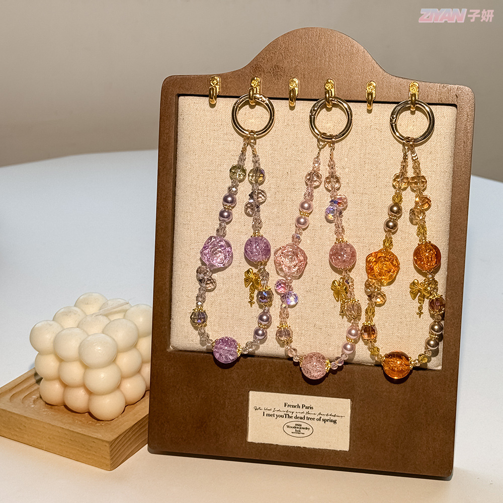 Vintage Ice-transparent Rose Flower Mobile Phone Lanyard Light Luxury Handmade Beaded Crystal Car Key Decoration Chain Women's Bag Hanging Ornaments